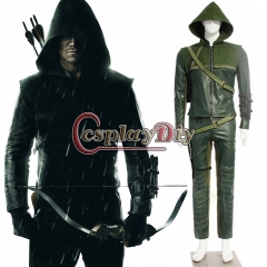 Cosplaydiy Green Arrow Cosplay Arrow Oliver Queen For Men's Outsuit Dark Green Cospay Costume